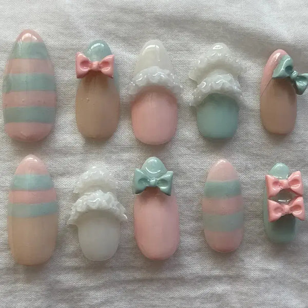 [BUNJANG] Handmade Pink Mint Ribbon Nail Tips / 핑크 민트 리본 수제네일팁