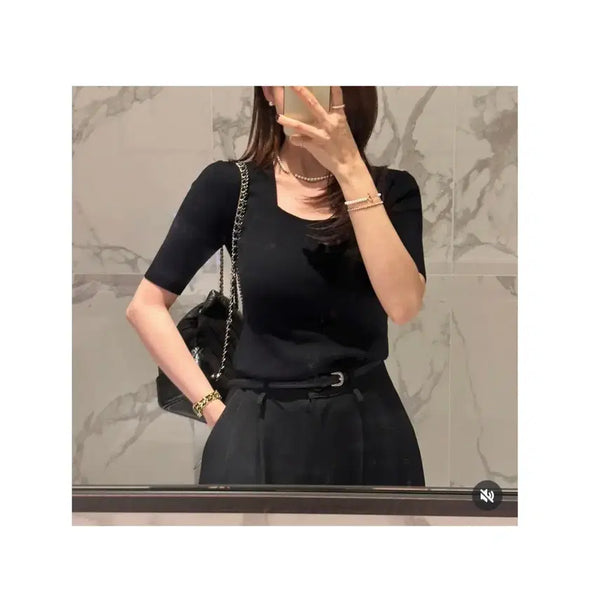 [BUNJANG] Dear Roses Square Neck Half Knit - Black / 디어로즈 스퀘어넥 하프 니트 - 블랙