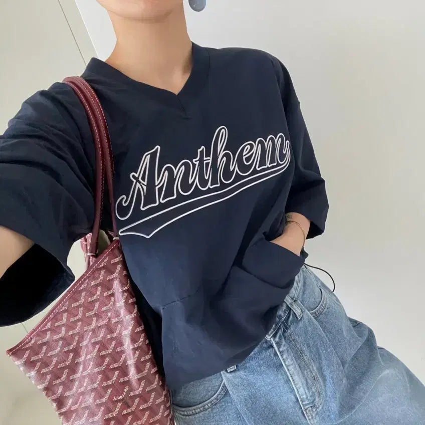 [BUNJANG] Olze Nylon V-Neck Anorak Short Sleeve Sweatshirt Navy OS / OLZE 나일론 브이넥 아노락 반팔 맨투맨 네이비 OS