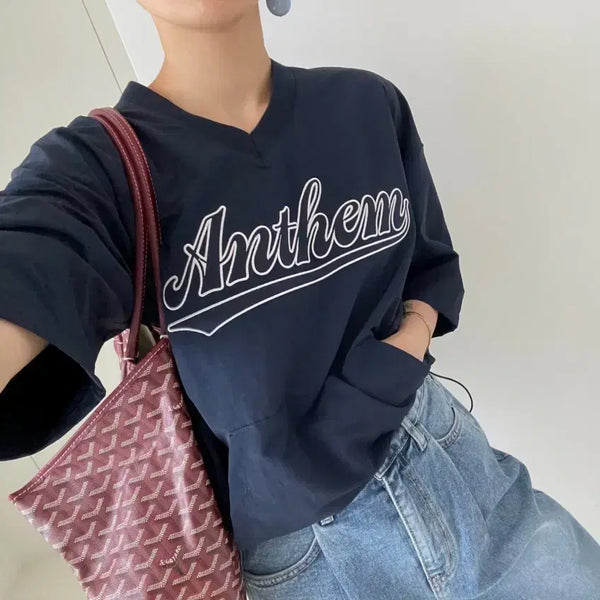 [BUNJANG] Olze Nylon V-Neck Anorak Short Sleeve Sweatshirt Navy OS / OLZE 나일론 브이넥 아노락 반팔 맨투맨 네이비 OS