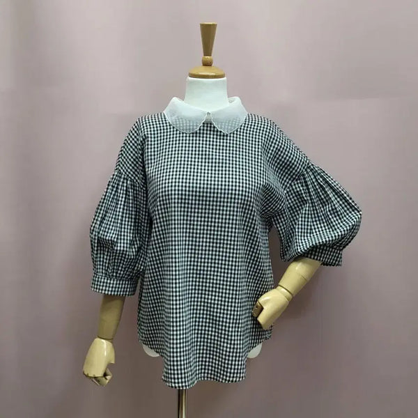[BUNJANG] Check Balloon Sleeve Collar Blouse / 체크 벌룬소매 카라 블라우스
