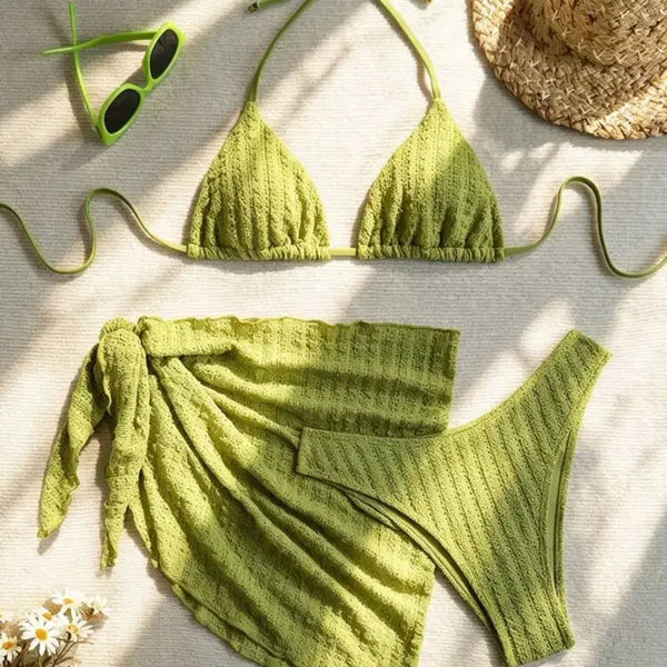 [BUNJANG] Halterneck Tie Wrap Skirt 3-Piece Bikini Set / 홀터넥 타이 랩 스커트 3ps 비키니 수영복 세트 (임산부가능)
