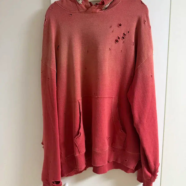 [BUNJANG] Kapital Thriller Studded Fleece Hoodie Sweatshirt Red / 캐피탈 스릴러 데미지드 플리스 후드 스웨트셔츠 스터드 레드