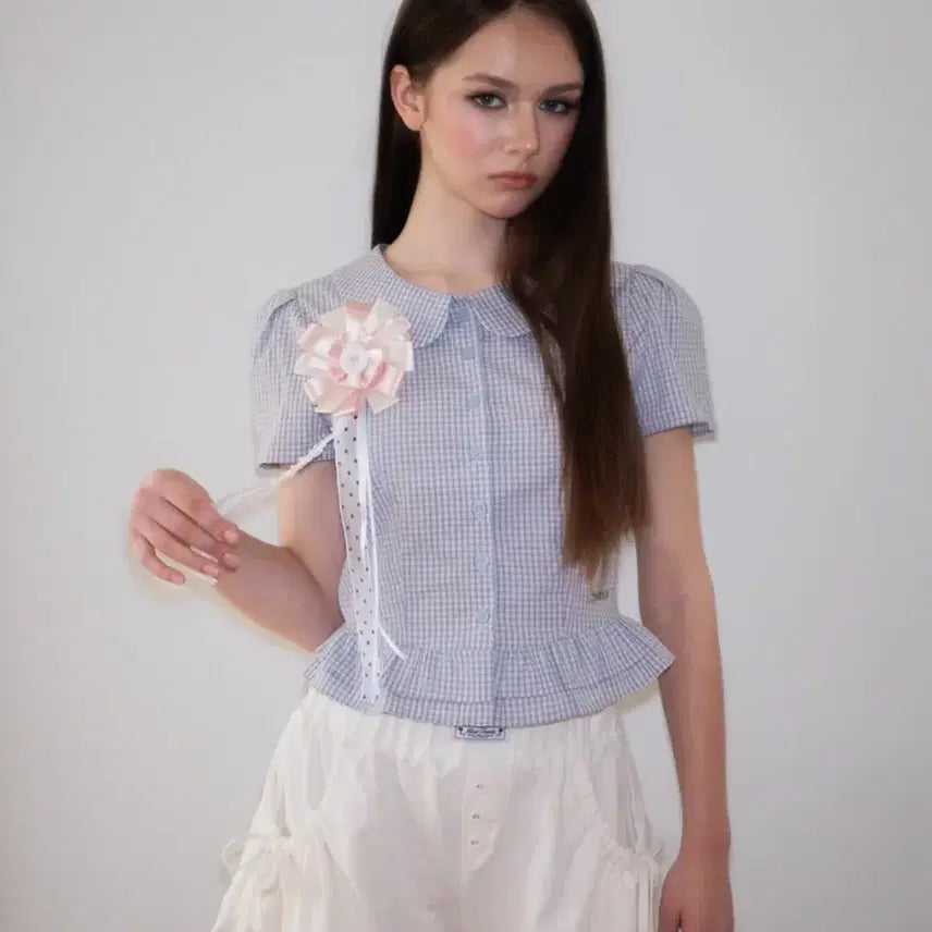 [BUNJANG] ROZ & FRANZ Puff Sleeve Peplum Check Blouse [Sky Blue] / 로제프란츠 Puff Sleeve Peplum Check Blouse [Sky Blue]