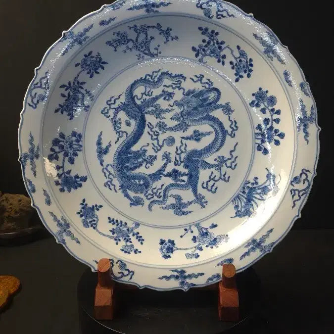 [BUNJANG] Joseon Dynasty Celadon Porcelain Plate with Dragon and Flower Design / 260717-1 청화 운용화훼문 윤화구대반
