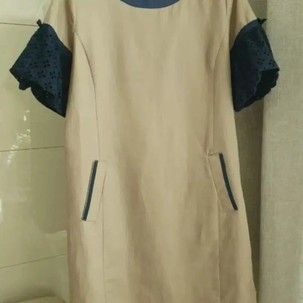 [BUNJANG] Linen Dress Sand Beige Navy Puff Sleeve / 린넨 원피스