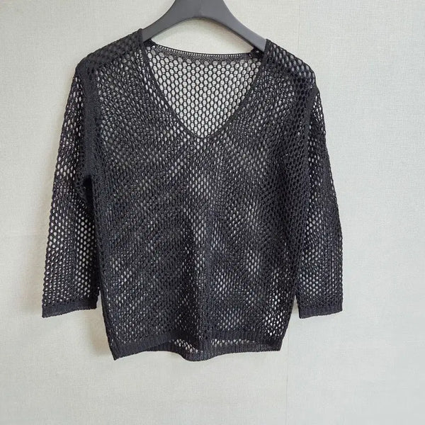 [BUNJANG] Women's Black Mesh V-Neck See-Through Crochet Knit Top / 여성 블랙 망사 브이넥 시스루 크로셰 니트 F JJ2917