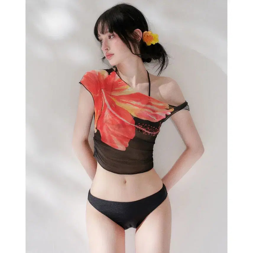 [BUNJANG] Pinkup Tropical Floral Off-Shoulder Bikini Three-Piece Set / Pinkup 트로피컬 플로럴 오프숄더 탑 비키니 쓰리피스