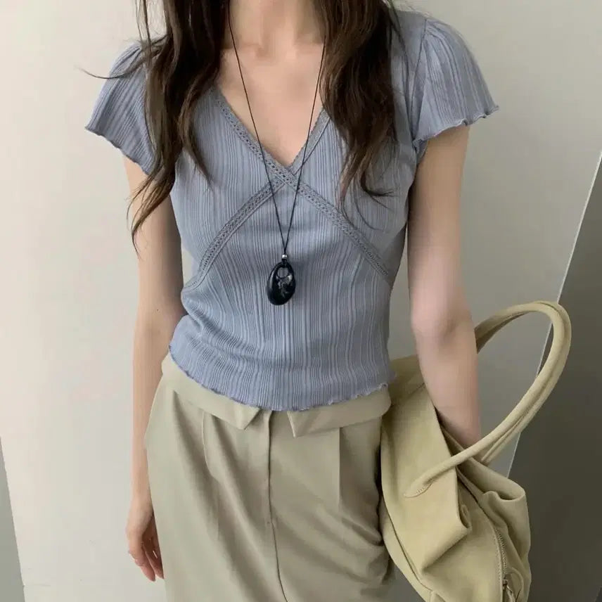 [BUNJANG] Ribbed V-Neck Lace Frill Short Sleeve T-Shirt / 골지 브이넥 레이스 프릴 반팔 티