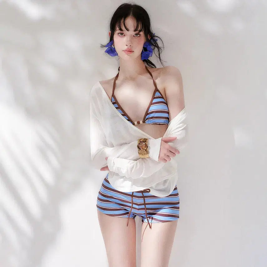 [BUNJANG] Pinkup Sexy Color Stripe Bikini Crossover Cardigan Set / Pinkup 섹시 컬러 스트라이프 비키니 크로스오버 가디건 세트