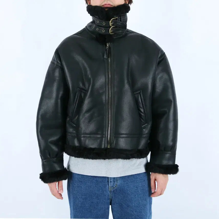 [BUNJANG] ROLF Men's Faux Shearling Biker Jacket / 롤프 남성 남자 인조 무스탕 자켓 점퍼 터틀 털 겨울 아우터 외투 블랙 검정 숏 짧은 세미