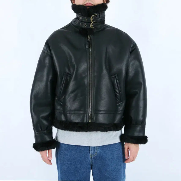 [BUNJANG] ROLF Men's Faux Shearling Biker Jacket / 롤프 남성 남자 인조 무스탕 자켓 점퍼 터틀 털 겨울 아우터 외투 블랙 검정 숏 짧은 세미