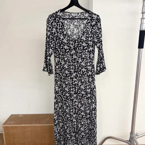 [BUNJANG] GANNI Black Flower Crepe Midi Dress / 가니 블랙 플라워 크레이프 미디 드레스