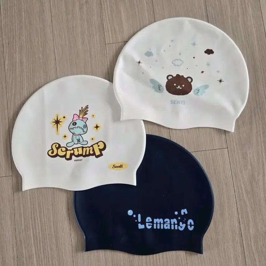 [BUNJANG] Silicone Swim Cap Set (2 White, 1 Navy) Character Design / 수모