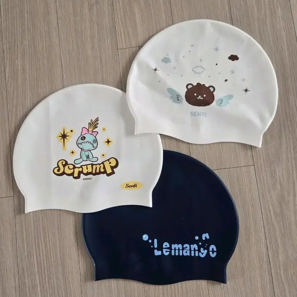 [BUNJANG] Silicone Swim Cap Set (2 White, 1 Navy) Character Design / 수모