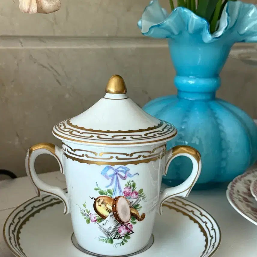 [BUNJANG] French Limoges Ribbon Hand-Painted Chocolate Cup Set / 프랑스 리모쥬 리본 핸드페인팅 초콜렛컵 셋트