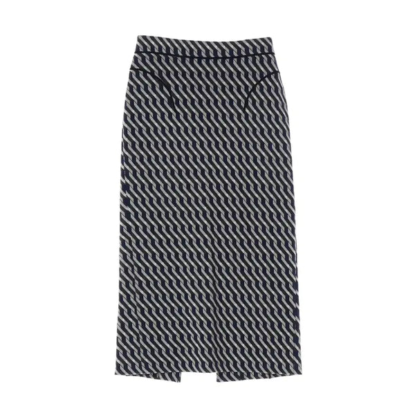 [BUNJANG] SYSTEM 22SS Geometric Pattern Cotton Long Skirt Dark Navy / 시스템 22SS 기하학 패턴 코튼 뒤트임 롱 스커트 다크네이비