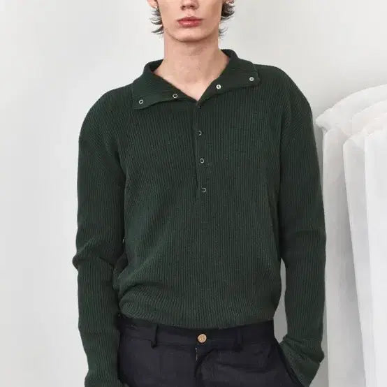 [BUNJANG] Waveness Mock Neck Snap Rib Knit - Green / 웨이비니스 모크넥 스냅 립 니트-그린3