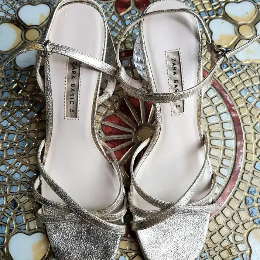 [BUNJANG] ZARA Crystal Heel Gold Sandals / 자라 크리스탈굽 골드 샌들 245-250(39)