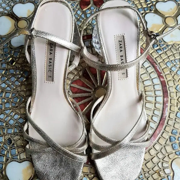 [BUNJANG] ZARA Crystal Heel Gold Sandals / 자라 크리스탈굽 골드 샌들 245-250(39)