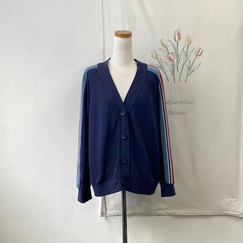 [BUNJANG] Benetton Striped Sleeve Colorblock Big Button Wool Cardigan / 베네통 소매 줄무늬 배색 빅버튼 울 가디건 382