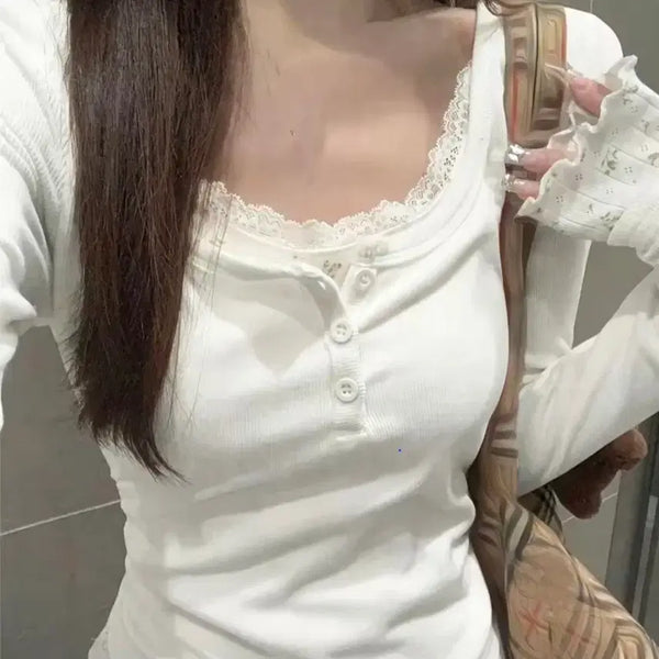 [BUNJANG] White Lace Henry Neck Long Sleeve T-Shirt / 화이트 레이스 헨리넥 긴팔티 티셔츠