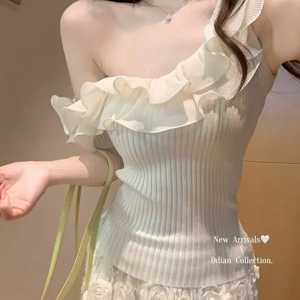 [BUNJANG] Frill One-Shoulder Knit Top / 프릴 원숄더 니트
