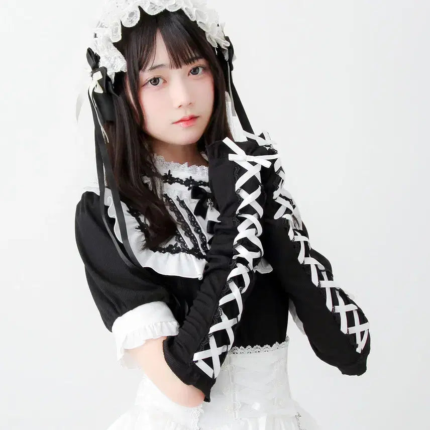 [BUNJANG] Dear My Love Gothic Rose Lace Ribbon Lace-up Arm Warmer T-shirt / 디어마이러브 디마럽 고딕풍 로즈 레이스 리본 레이스업 암워머 티셔츠