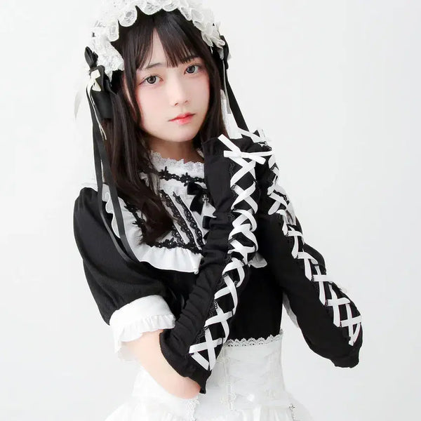 [BUNJANG] Dear My Love Gothic Rose Lace Ribbon Lace-up Arm Warmer T-shirt / 디어마이러브 디마럽 고딕풍 로즈 레이스 리본 레이스업 암워머 티셔츠