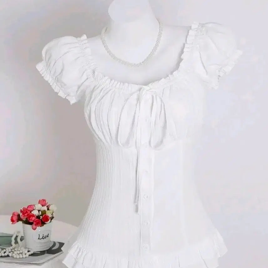[BUNJANG] White Ribbon Short Sleeve Shirt Blouse / 화이트 리본 반팔 셔츠 블라우스