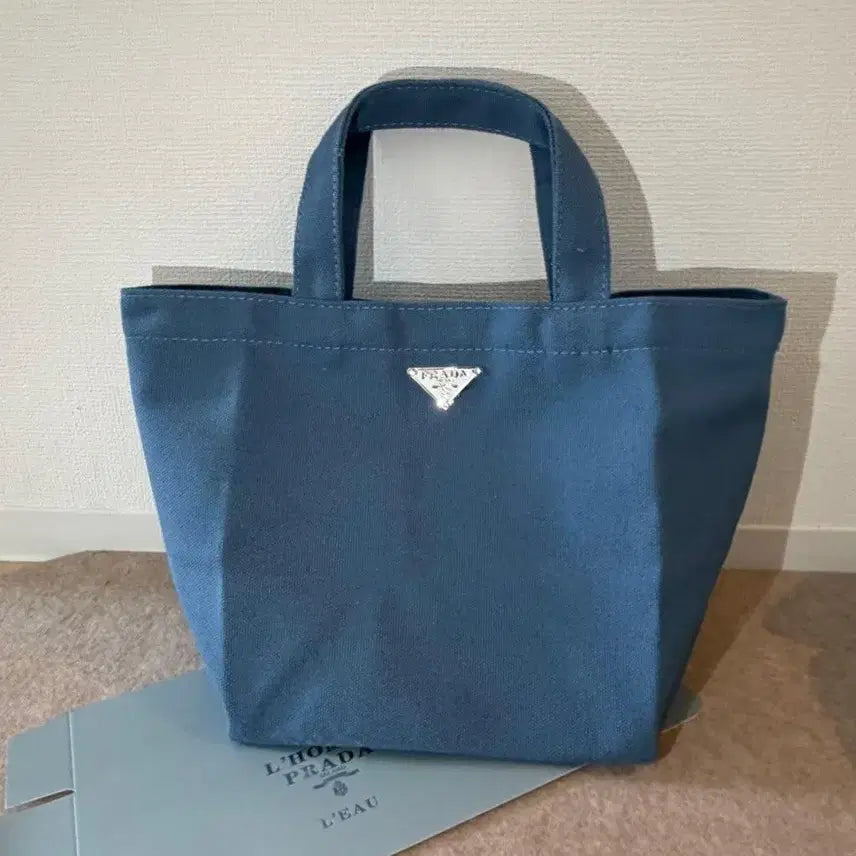 [BUNJANG] Prada Triangle Logo Tote Bag Blue Canvas / 새상품 프라다 삼각 로고  토트백 블루 청(박스포함)