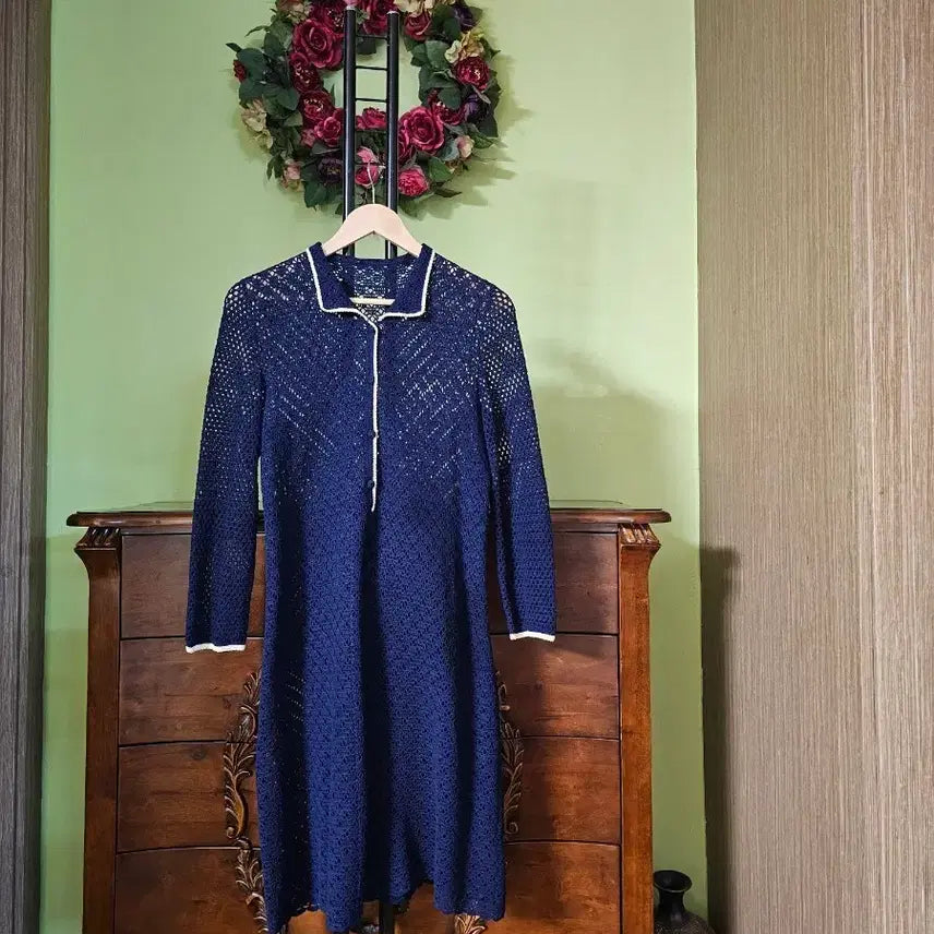 [BUNJANG] Handmade Knit Navy Long Dress / 핸드메이드 손뜨개 원피스