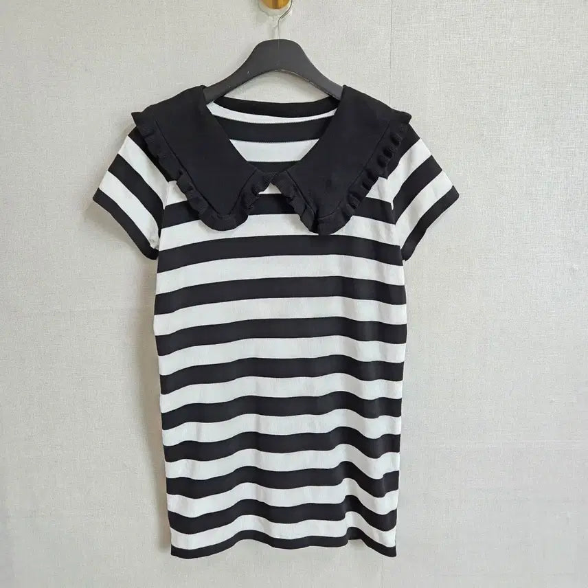 [BUNJANG] Long Sailor Collar Striped Knit T-Shirt / 여성 단가라 반팔 세일러 카라 롱 니트 F JJ2928
