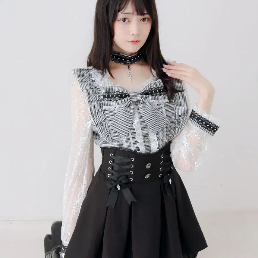 [BUNJANG] DearMyLove Choker Set Cross Stud Ribbon Lace Blouse / 디어마이러브 디마럽 초커 세트 십자가 스터드 리본 레이스 소매 프릴 블라우스