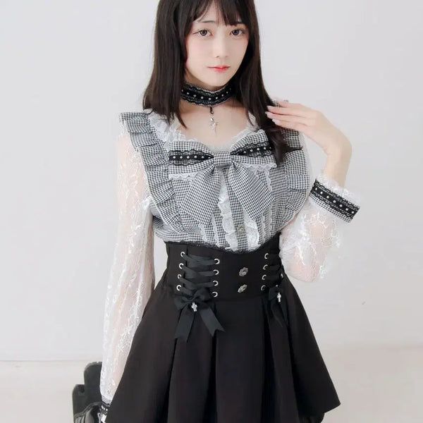 [BUNJANG] DearMyLove Choker Set Cross Stud Ribbon Lace Blouse / 디어마이러브 디마럽 초커 세트 십자가 스터드 리본 레이스 소매 프릴 블라우스