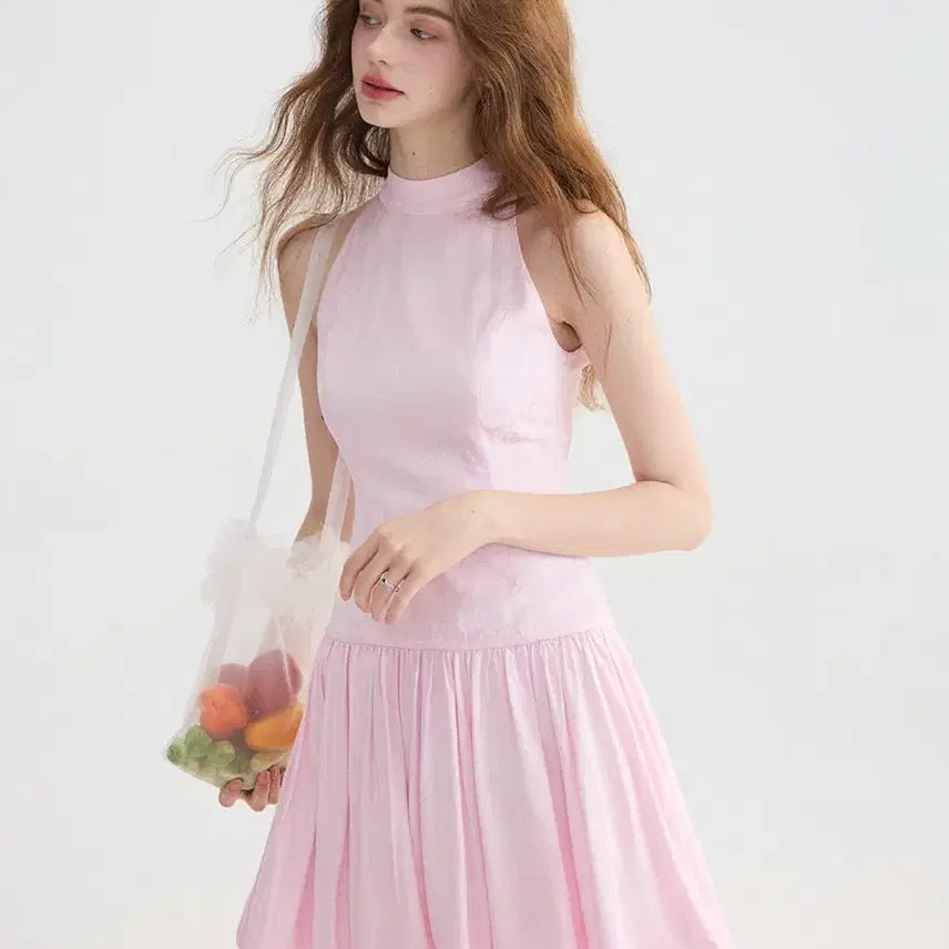 [BUNJANG] Logipop Halterneck Mini Dress Pink Jacquard / (S) 신스덴 로지팝 홀터넥 미니원피스 핑크색 자카드하이넥 민소매 플레어 원피스