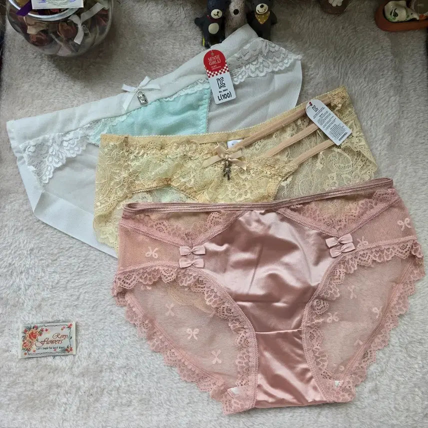 [BUNJANG] 3-Piece Satin Lace Panty Set for Women / 여성 팬티 95 100 3종 세트 여성속옷 노라인 새틴 레이스팬티