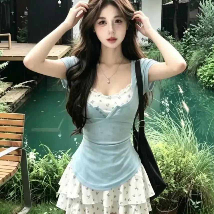 [BUNJANG] Sky Blue Floral Layered Mini Dress / 하늘색 플로럴 레이어드 미니 원피스