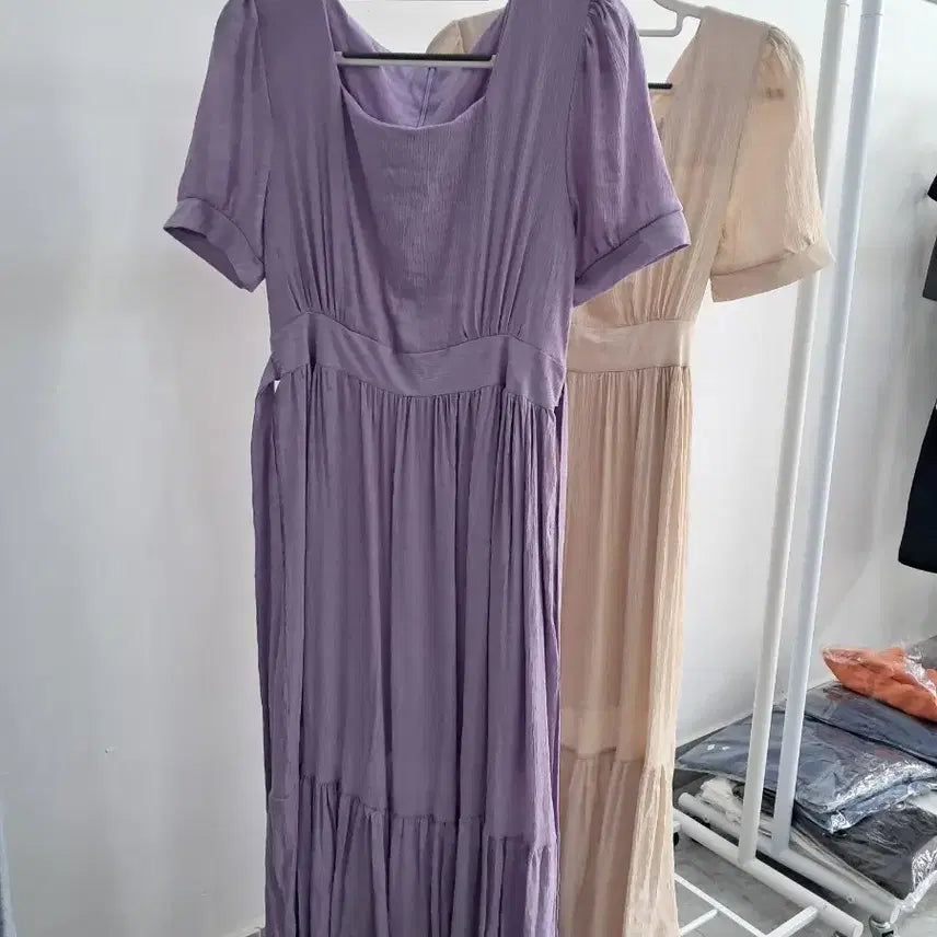 [BUNJANG] Purple Square Neck Short Sleeve Long Dress (Size 55) / 퍼플 스퀘어넥 반팔 롱 원피스55