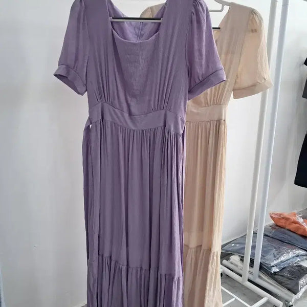 [BUNJANG] Purple Square Neck Short Sleeve Long Dress (Size 55) / 퍼플 스퀘어넥 반팔 롱 원피스55