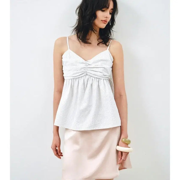 [BUNJANG] Mont doll Stripe Shirring Sleeveless Blouse White / 몽돌 스트라이프 셔링 나시 블라우스 화이트