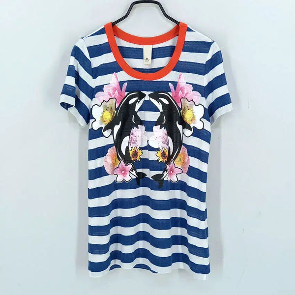 [BUNJANG] Ozsecon Women's Summer Round Neck T-Shirt Blue / 오즈세컨 여 여름 프린팅 살짝얇은 라운드반팔 블루 (HU46039)