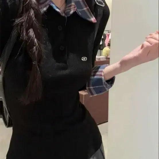 [BUNJANG] Knit Checkered Color-Block Shirt / 니트 체크 배색 셔츠
