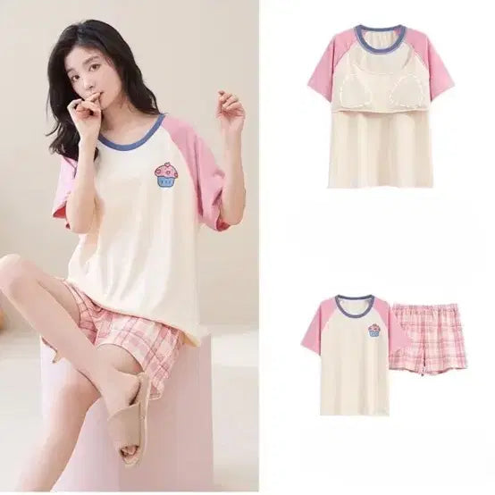 [BUNJANG] Pastel Cupcake Embroidered Short Sleeve Pajama Set / 파스텔 컵케이크 캡내장 반팔 파자마 세트