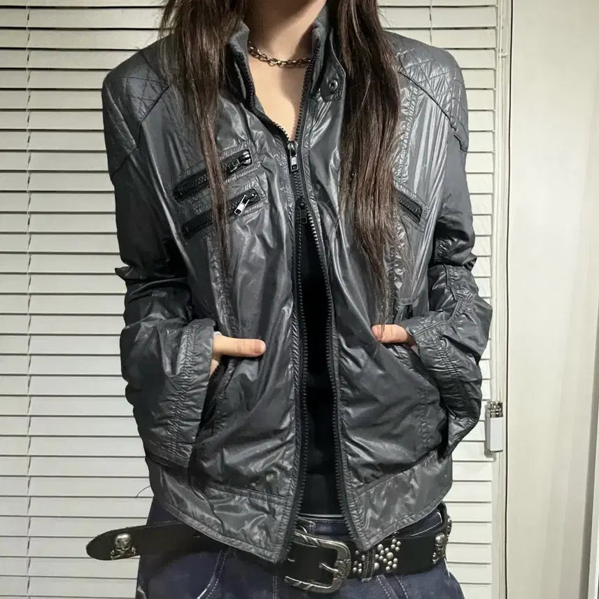[BUNJANG] Charcoal Quilted Biker Jacket / 차콜 퀼팅 바이커 자켓