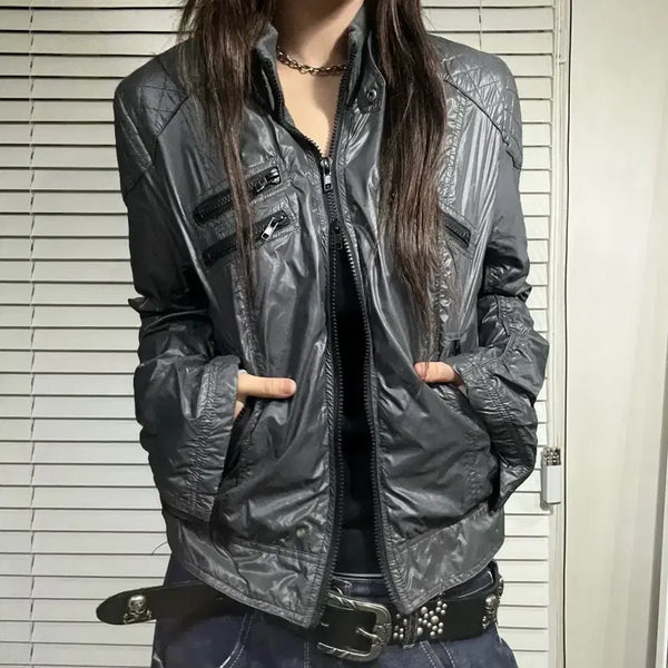 [BUNJANG] Charcoal Quilted Biker Jacket / 차콜 퀼팅 바이커 자켓