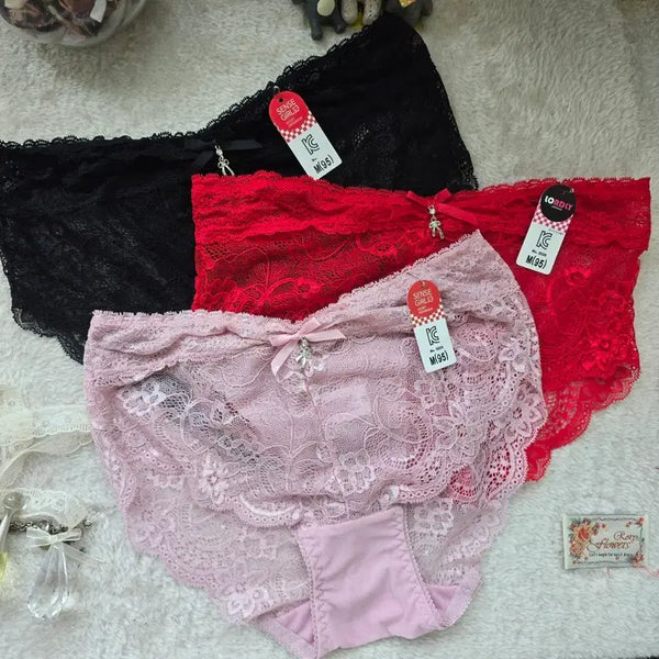 [BUNJANG] Women's Lace Panties 3-Set (Black/Red/Pink) M / 레이스여성 팬티 95(M) 3종 세트 (블랙/레드/핑크)