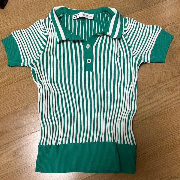 [BUNJANG] ZARA Green Stripe Collar Knit Top - Size S / ZARA 그린 스트라이프 카라 니트 S 사이즈