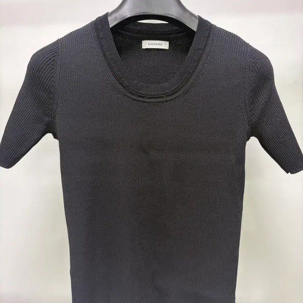 [BUNJANG] She's Miss Black Ribbed Short Sleeve Knit Top / 여성
