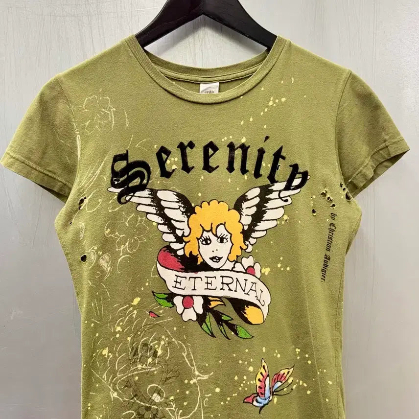 [BUNJANG] Ed Hardy Serenity Angel Graphic T-Shirt / Ed Hardy 에드하디 올리브 세레니티 엔젤 그래픽 반소매 티셔츠